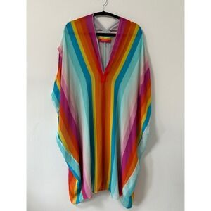 Trina Turk 25th Anniversary Rainbow Stripe Silk Lined Kaftan Tunic Dress Large